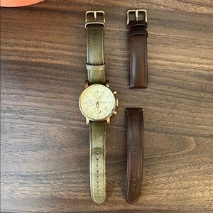 FOSSIL Gold Watch w/ Olive Green and Brown Leather Bands